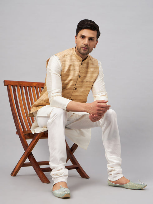 Vastramay Men's Beige Matka Silk Nehru Jacket With Cream Silk Blend Kurta Pyjama Set